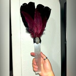 Large 16” Black and burgundy red smudge fan selenite labradorite